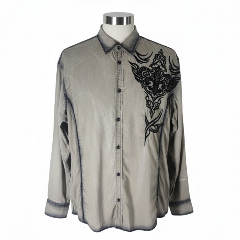 Roar Signature mens size XL gray black embroidered Fleur De Lis button shirt
